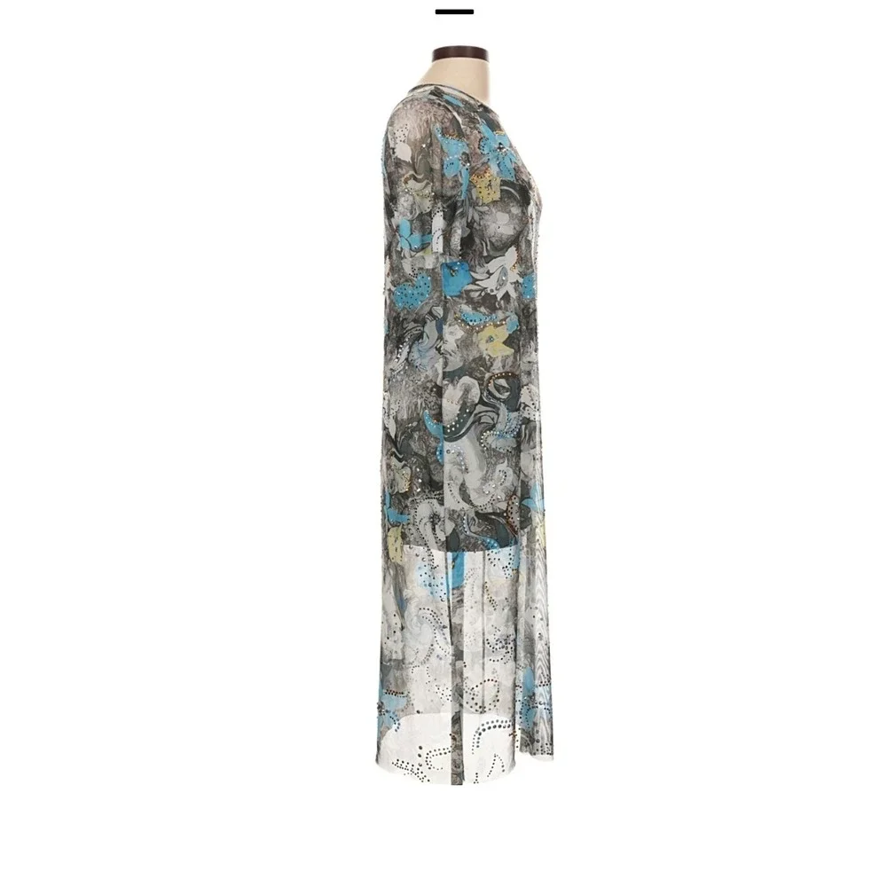 Tory Burch Blue Abstract Floral Print Mesh T-shirt Dress 12 Crystals Art To Wear